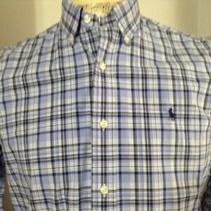 Polo Ralph Lauren Shirt Mens M 15.5 Classic Fit Blue Plaid Long Sleeve Stretch